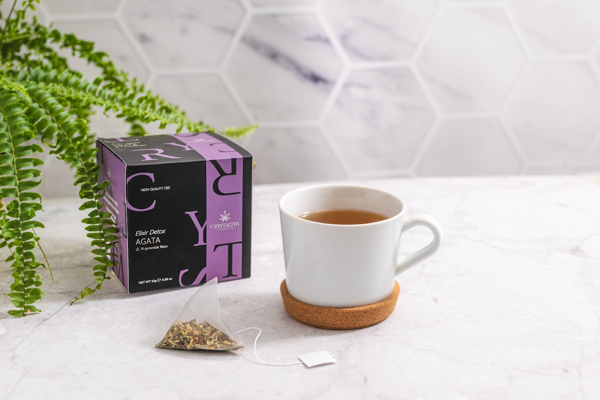 a cup of tea next to a box of tea