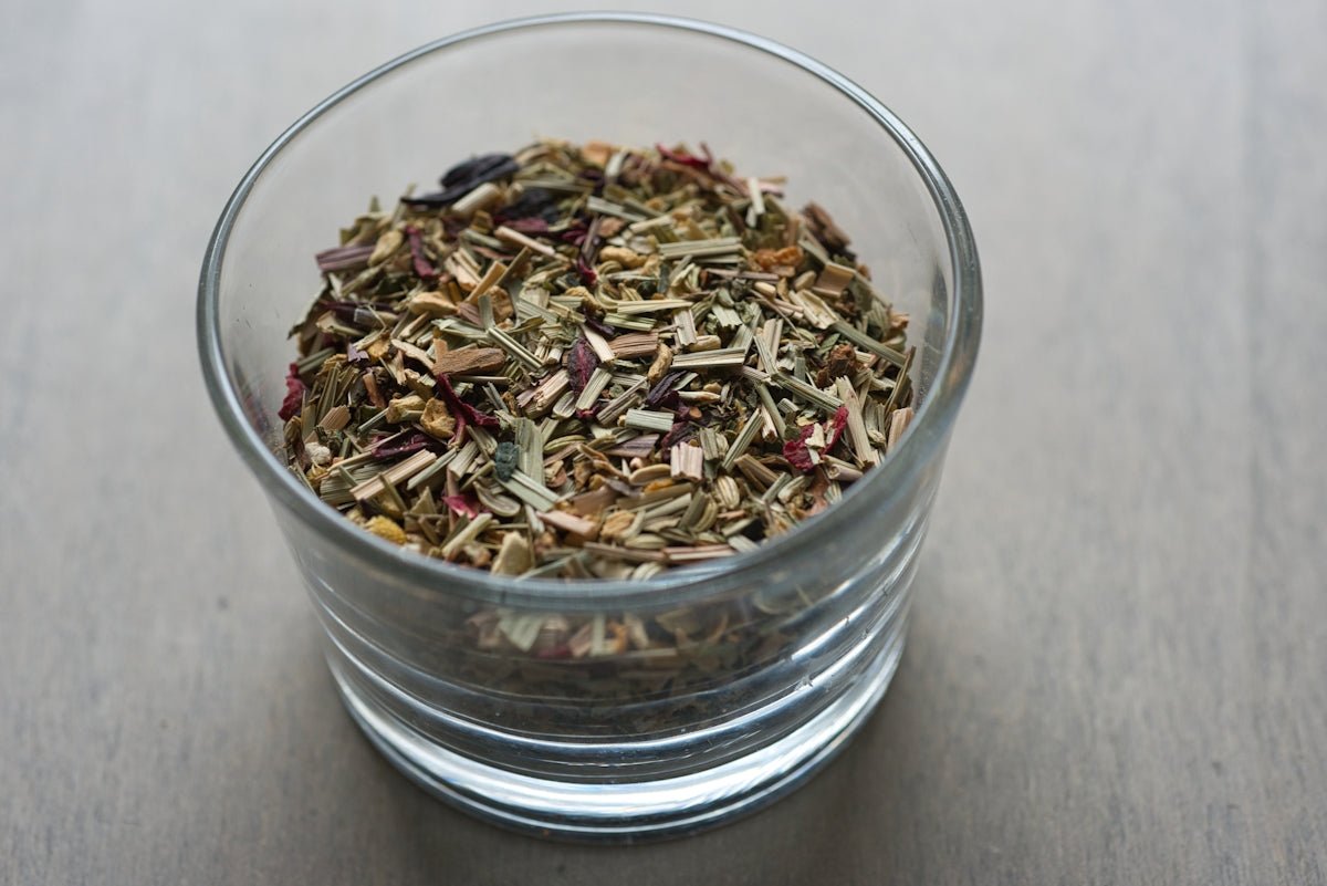 Herbal tea blend in a glass