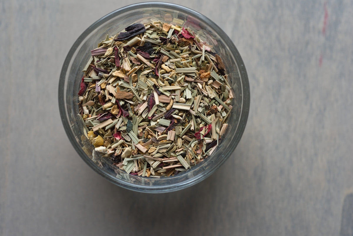 Herbal tea blend in a glass jar
