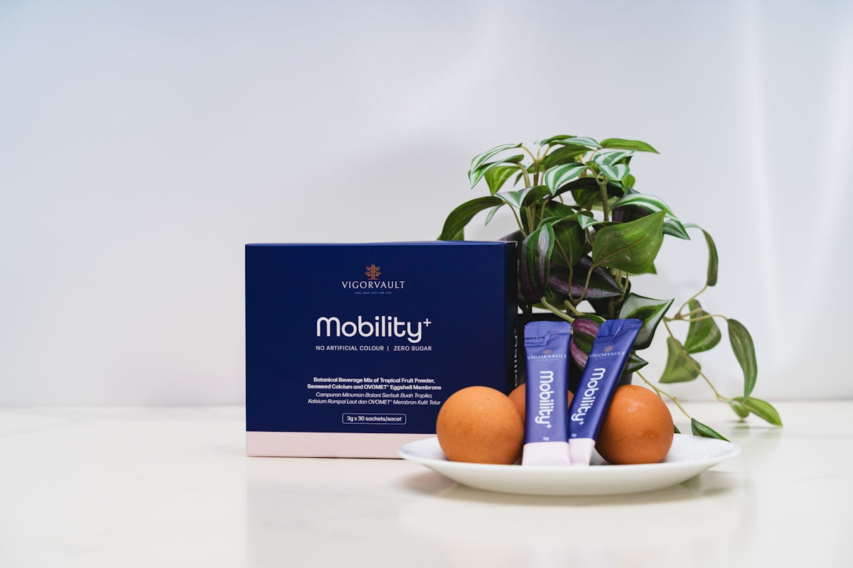 Mobility supplement box with eggs and plant.